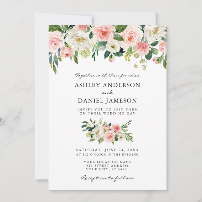 Invitation Aquarelle Rose Blush Floral Mariage élégant W (Devant)