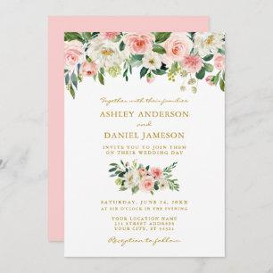 Invitation Aquarelle rose Blush Floral Mariage or