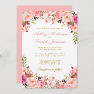 Invitation Aquarelle rose Blush Floral Mariage or