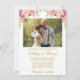 Invitation Aquarelle rose Blush Floral Photo Mariage Or