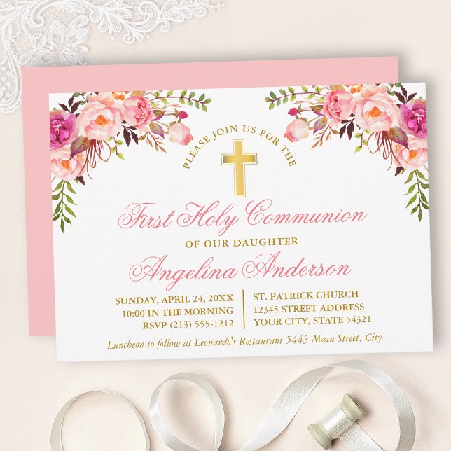 Invitation Aquarelle rose Blush Floral Première Communion Or (Customize to change text color, size, style or to change color of back of card.)