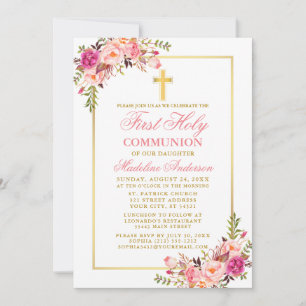 Invitation Aquarelle rose Blush Floral Première Communion Or