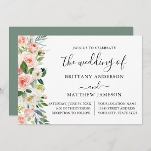 Invitation Aquarelle rose Blush Floral Sage Vert Mariage