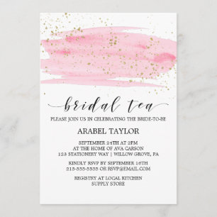Invitation Aquarelle Rose Blush & Gold Sparkel Thé nuptial