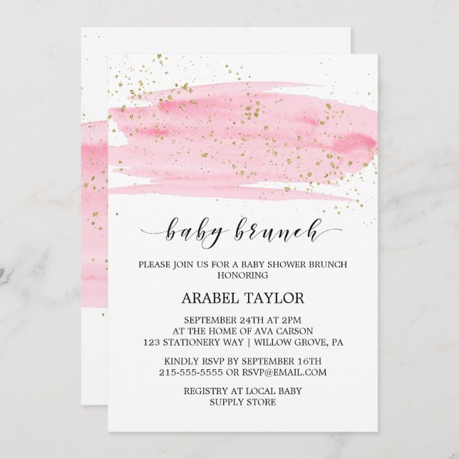 Invitation Aquarelle Rose Blush & Gold Sparkle Brunch pour bé (Devant / Derrière)
