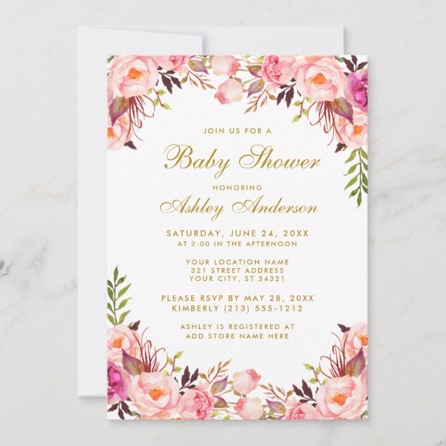 Invitation Aquarelle rose Blush or Baby shower Floral (Devant)