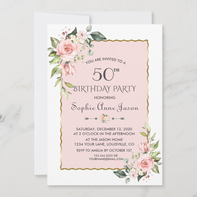 Invitation Aquarelle Rose Blush Or Floral 50e anniversaire (Devant)
