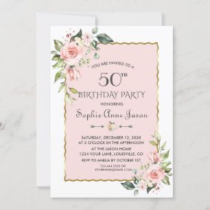 Invitation Aquarelle Rose Blush Or Floral 50e anniversaire