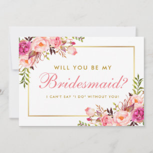 Invitation Aquarelle rose Blush Or Floral Be My Bridesmaid