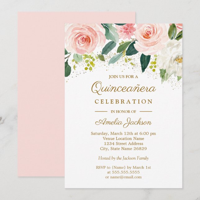 Invitation Aquarelle rose Blush or Quinceanera Florale (Devant / Derrière)
