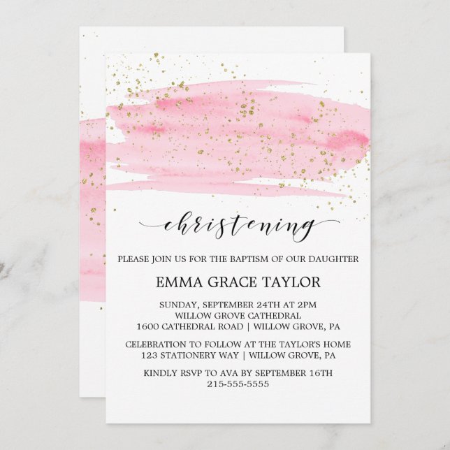 Invitation Aquarelle rose Blush & or Sparkling Christening (Devant / Derrière)