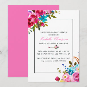 Invitation Aquarelle rose Boho Chic Baby shower Floral