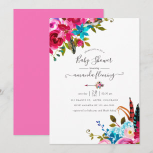 Invitation Aquarelle rose Boho Chic Baby shower Floral