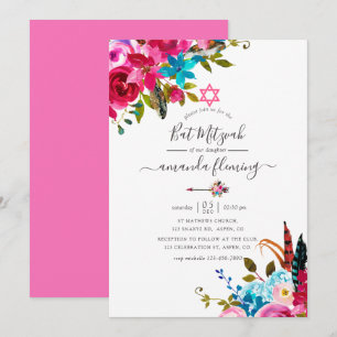 Invitation Aquarelle rose Boho Chic Floral Bat mitzvah