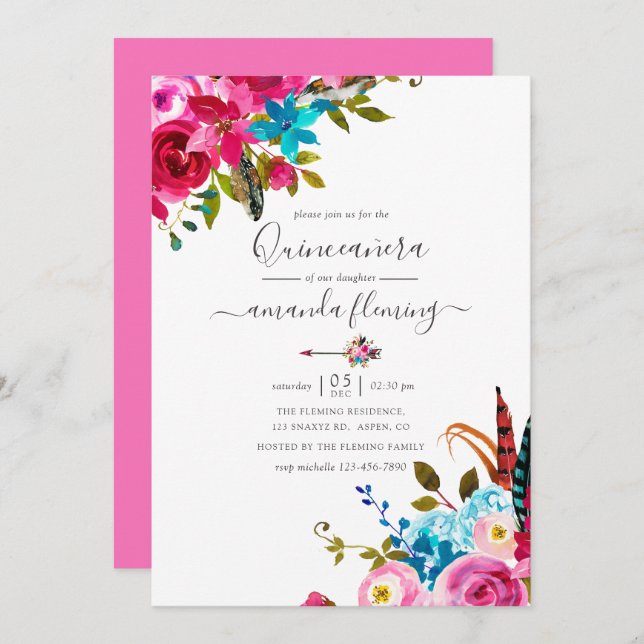 Invitation Aquarelle rose Boho Chic Floral Quinceañera (Devant / Derrière)