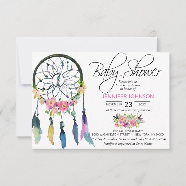 Invitation Aquarelle rose Boho Dreamcatcher Baby shower (Devant)