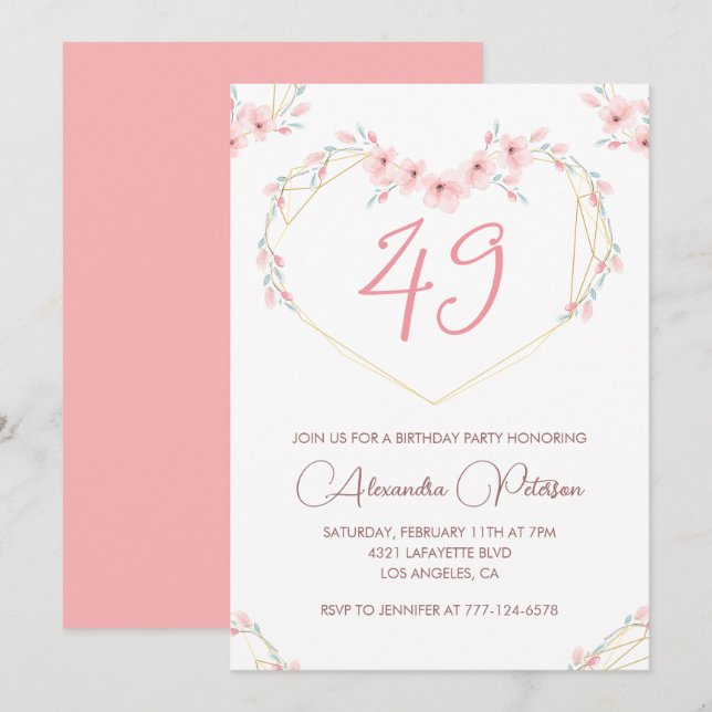 Invitation Aquarelle rose Boho floral 49e anniversaire (Devant / Derrière)
