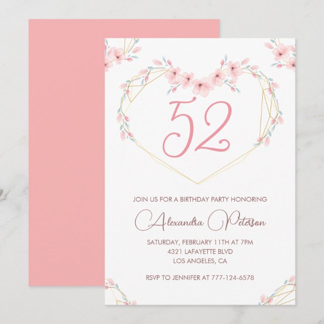 Invitation Aquarelle rose Boho floral 52e anniversaire (Devant / Derrière)