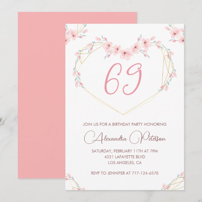 Invitation Aquarelle rose Boho floral 69e anniversaire (Devant / Derrière)