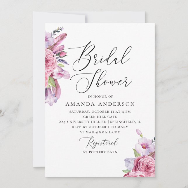 Invitation Aquarelle rose boho plumes florales douche nuptial (Devant)
