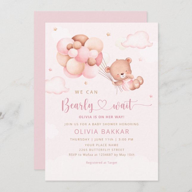 Invitation Aquarelle rose Boho Teddy Bear Girl Baby shower (Devant / Derrière)