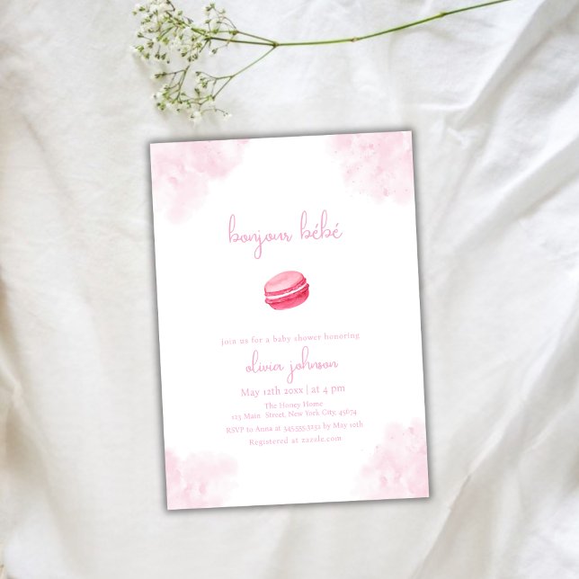 Invitation Aquarelle rose Bonjour Bébé Macaron Baby shower (Pink Watercolor Bonjour Bébé Macaron Baby Shower Invitation)