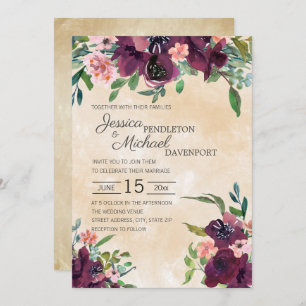 Invitation Aquarelle rose Bourgogne Mariage vert Sage