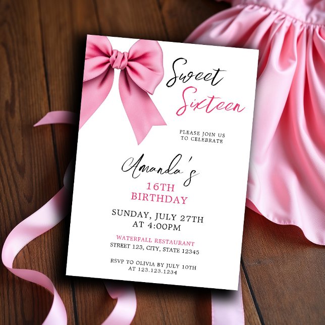 Invitation Aquarelle Rose Bow Chic Sweet 16 Anniversaire (Créateur téléchargé)