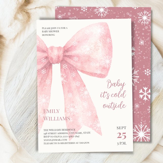 Invitation Aquarelle rose Bow froid extérieur Baby shower (Winter Baby Shower Invitation | Baby It’s Cold Outside Theme with pink Snowflake Bows)