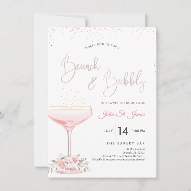 Invitation Aquarelle Rose Brunch Bubbly Champagne rose (Devant)