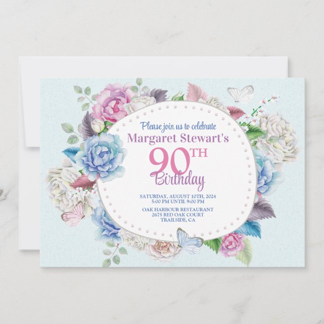 Invitation Aquarelle Rose Cadre floral 90e anniversaire (Devant)