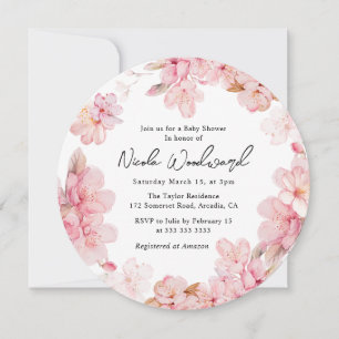 Invitation Aquarelle rose cerisier Baby shower de couronne