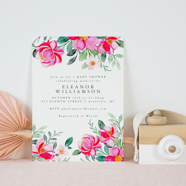 Invitation Aquarelle rose chaud Baby shower floral (Créateur téléchargé)