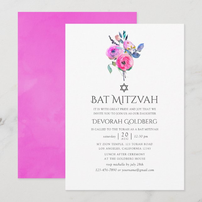 Invitation Aquarelle rose chaud Bat mitzvah (Devant / Derrière)