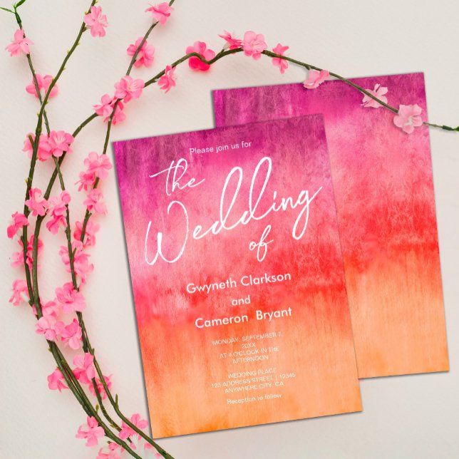 Invitation Aquarelle rose chaud et Mariage orange (#hotpinkandorangeinvitation #brightandbold #spring #watercolorinvitation)