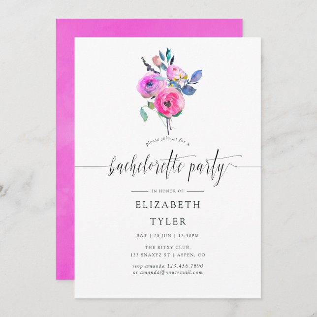 Invitation Aquarelle rose chaud Floral Bachelorette Party (Devant / Derrière)