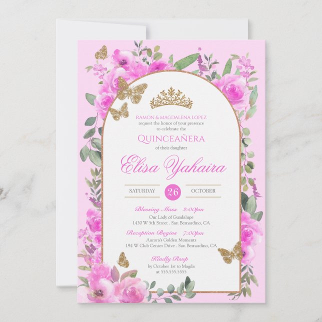 Invitation Aquarelle rose chaud Golden Butterfly Quinceañera (Devant)