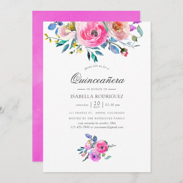Invitation Aquarelle rose chaud Quinceañera (Devant / Derrière)