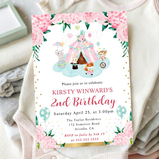 Invitation Aquarelle rose Circus Animaux Anniversaire de enfa (Créateur téléchargé)