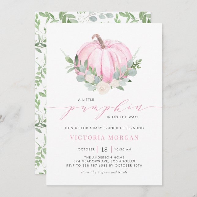 Invitation Aquarelle rose Citrouille Automne Bébé Brunch (Devant / Derrière)