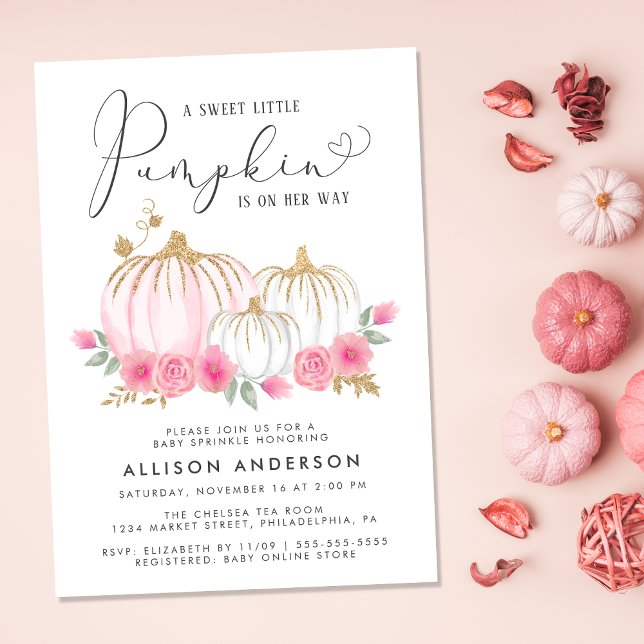 Invitation Aquarelle rose citrouille Floral Bébé Fille Parsem (Celebrate the upcoming arrival of your sweet autumn baby girl with a pumpkin-themed baby sprinkle)