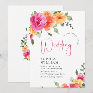Invitation Aquarelle rose clair Mariage Fleurs orange