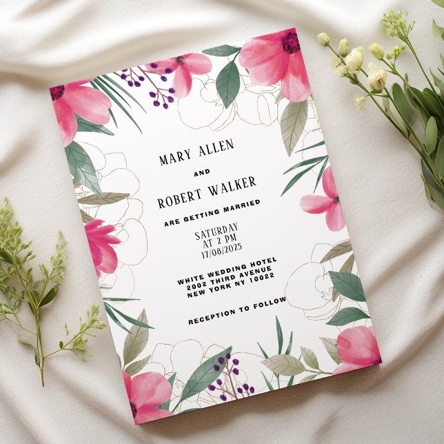 Invitation Aquarelle rose clair or mariage floral (Watercolor bright pink gold floral wedding )