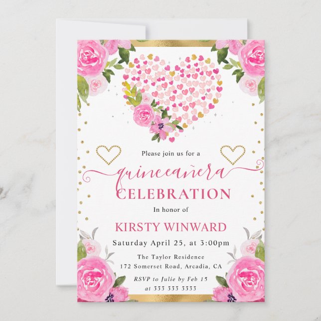 Invitation Aquarelle rose Coeurs or Fleurs Quinceanera (Devant)