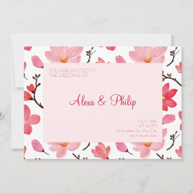 Invitation Aquarelle rose coloré Mariage floral (Devant)