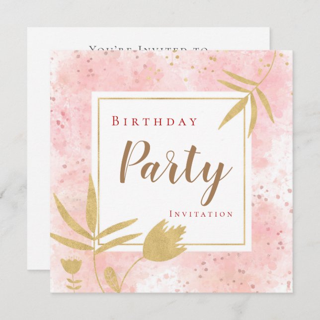 Invitation Aquarelle rose Confetti Gold Leaf/Floral Anniversa (Devant / Derrière)