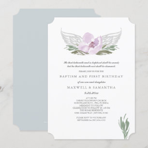 Invitation Aquarelle rose cool Florales Ange Ailes Baptême