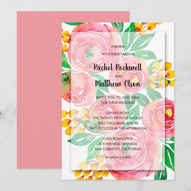 Invitation Aquarelle rose corail jaune Mariage floral (Devant / Derrière)