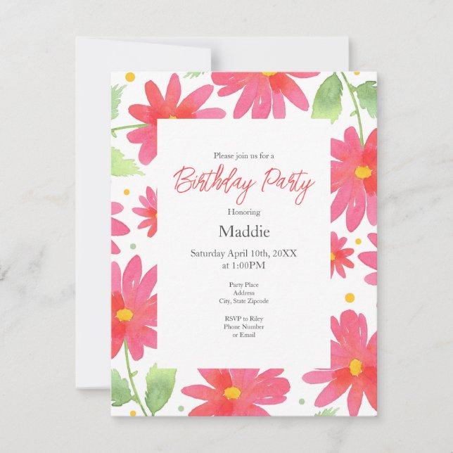Invitation Aquarelle rose corail Motif marguerite 2 (Devant)