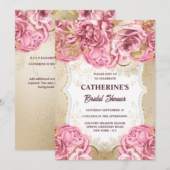 Invitation Aquarelle rose couleur or rose pâle (Devant / Derrière)